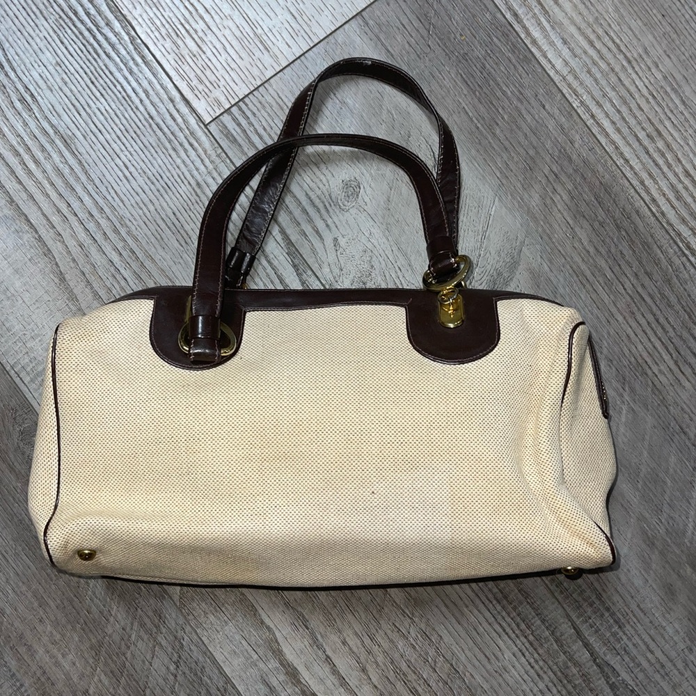 Vintage Italian Leather Canvas Ronora 1960's Handbag purse gold accents